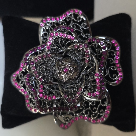 Gunmetal Silver Rose Flower Brooch Pin with Purple And Fuschia Pink Stones - Picture 1 of 8